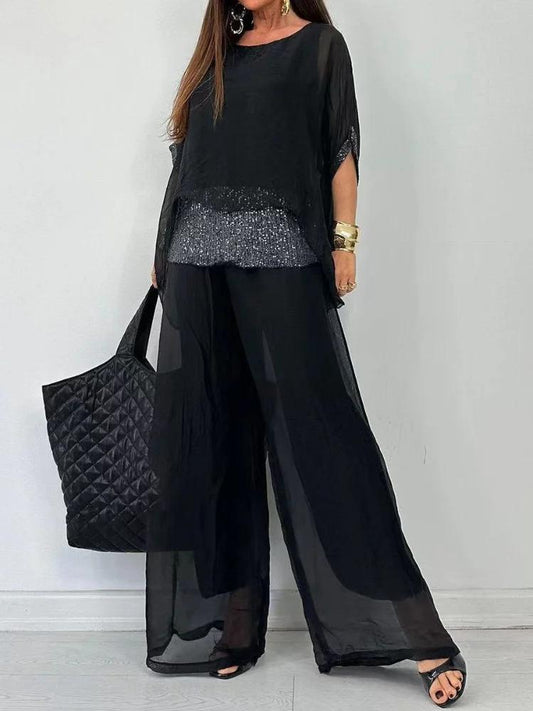 Chiffon Round Neck Half Sleeve Sequined Patchwork Trousers Casual Suit