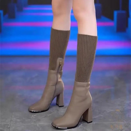 Fashionable stretch knit high heel boots