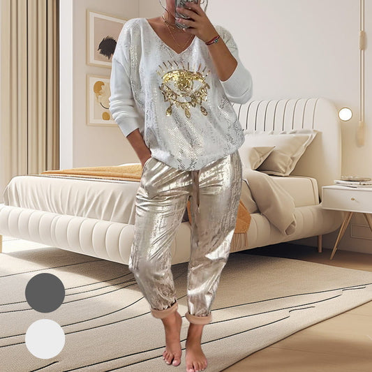 Devil's Eye Gold Foil Top and Sequin Pants Set