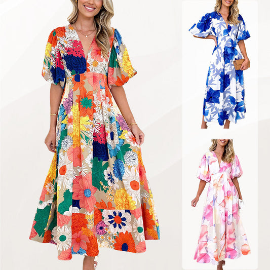 Floral Puff Sleeve A-Line Maxi Dress