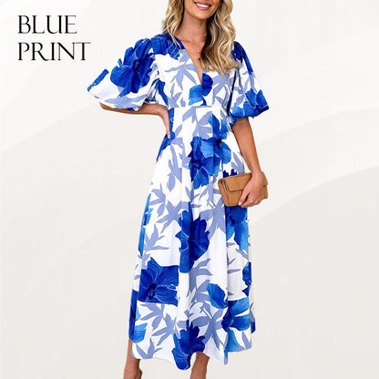 Floral Puff Sleeve A-Line Maxi Dress