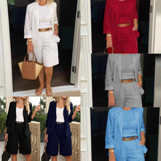 Women's Elegant Linen Shorts and Blazer Set