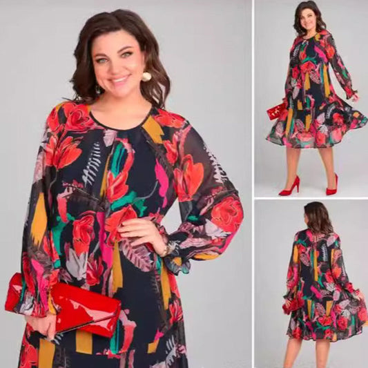 Long Sleeve Round Neck Lightweight Floral Dress