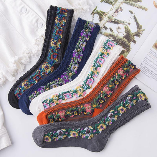 🎅Xmas Hot Sales - Vintage Embroidered Floral Socks(5 pairs)