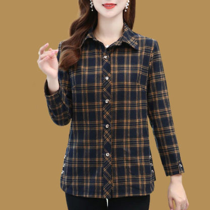 Soft Plaid Button-Down Lapel Top with Pockets