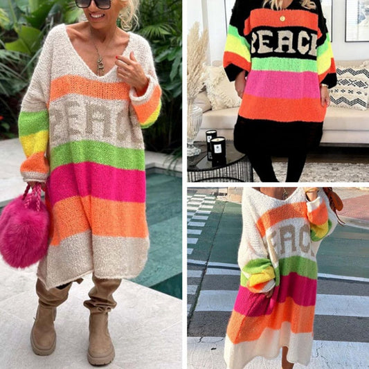 Color Block V-Neck Letter Print Sweater Dress