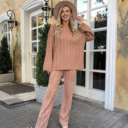 ✨💖Solid Crew Neck Twist Textured Sweater  Pants Set