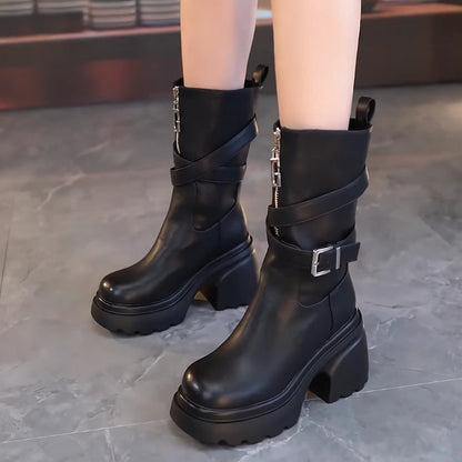 Women’s Plush-Lined Chunky Heel Mid-Calf Boots