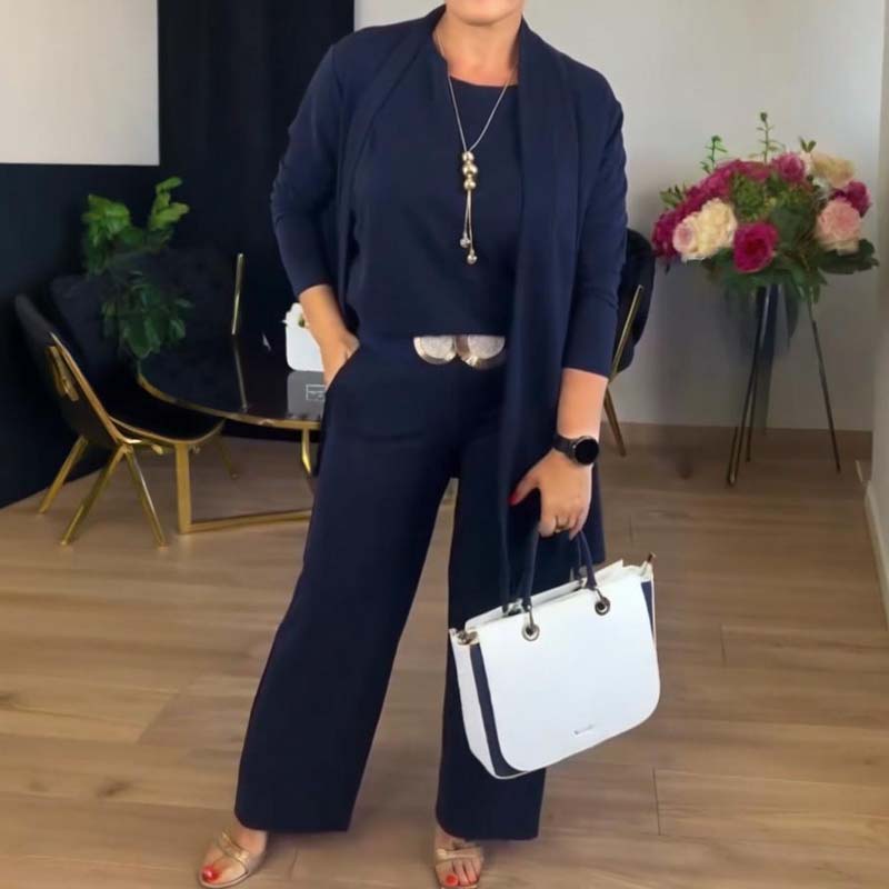 Elegantes 3-teiliges Set: Langer Cardigan, Oberteil und Hose