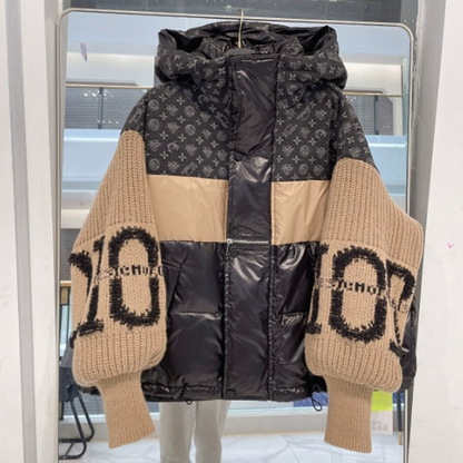 Damen Steppjacke mit Kapuze, Strickärmeln und Patchwork-Design
