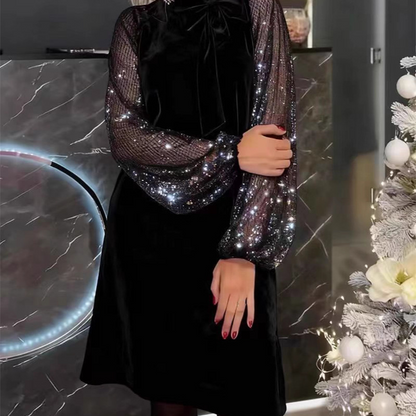 ⌛ Nur noch 3 Tage – 50 % auf alles! ⏰Damen Paillettenkleid mit Schleife am Kragen