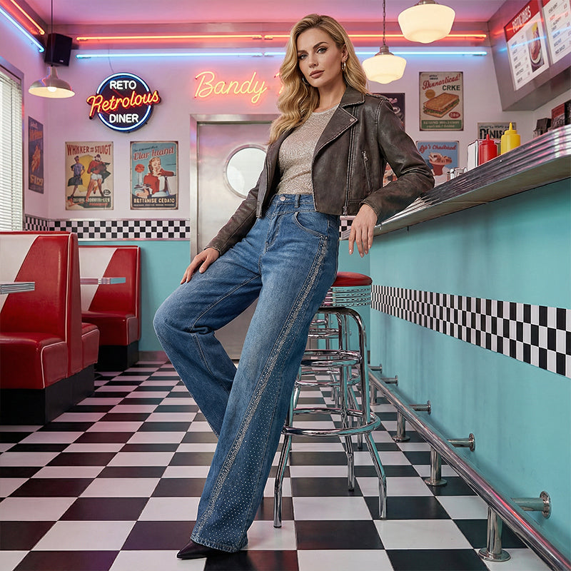 🔥Solange der Vorrat reicht 57% Rabatt!💎Damenjeans mit Strassverzierung und weitem Bein