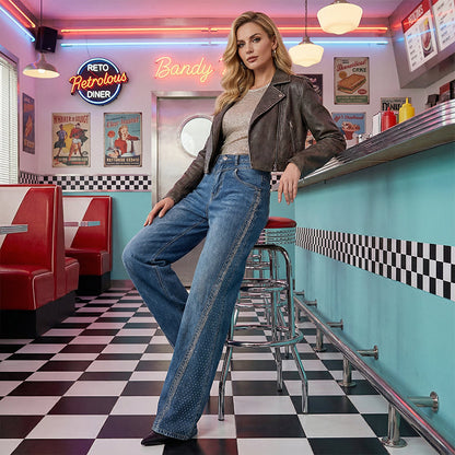 🔥Solange der Vorrat reicht 57% Rabatt!💎Damenjeans mit Strassverzierung und weitem Bein
