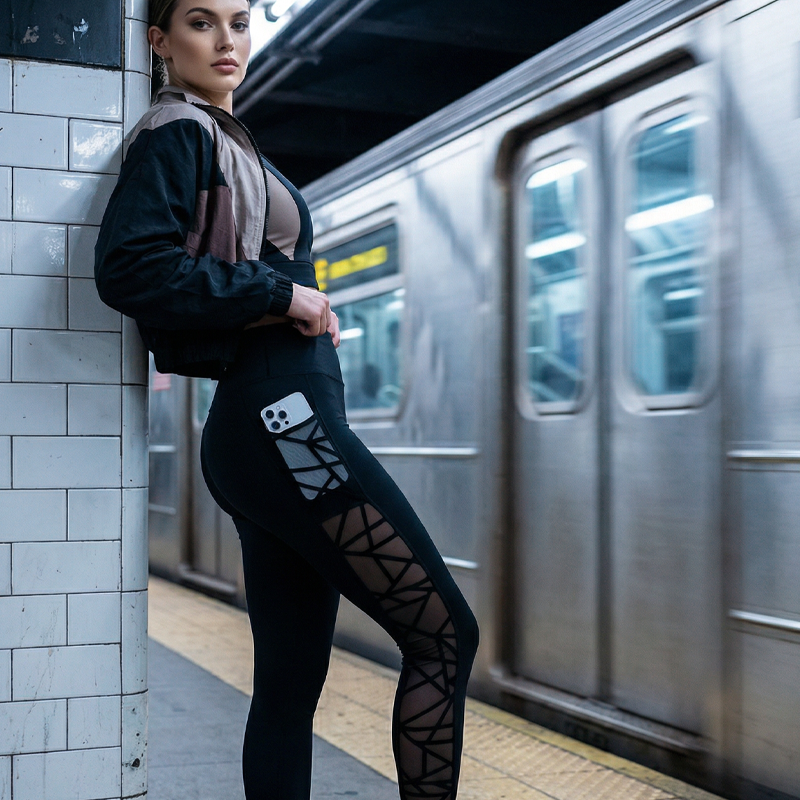 Damen-Yogahose aus Mesh mit hoher Taille und Taschen