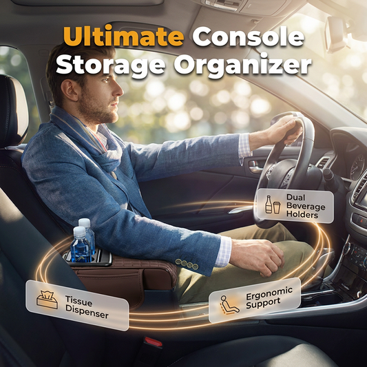 5-in-1 Mittelarmlehnenpolster fürs Auto – erhöht, mit Taschentuchbox, Getränkehalter & Organizer