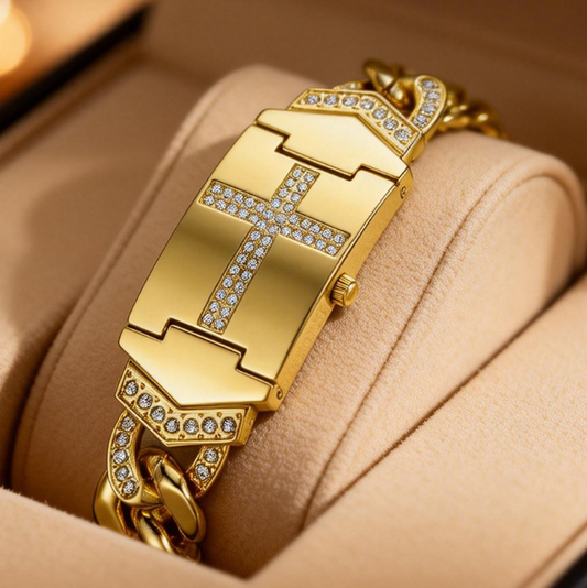 Wasserdichte goldene Armbanduhr mit Kreuz-Klappdeckel-Design