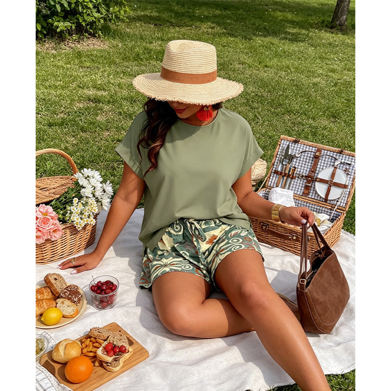 Damen Freizeitset 🌿 Bequemes Oberteil mit Fledermausärmeln & Gemusterte Shorts