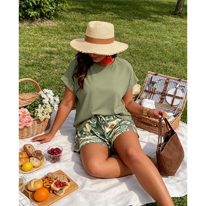 Damen Freizeitset 🌿 Bequemes Oberteil mit Fledermausärmeln & Gemusterte Shorts