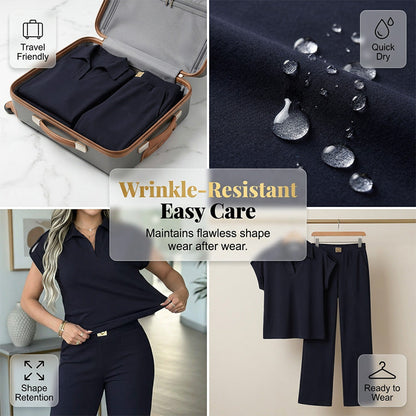 👚🔥 50% RABATT! Damen Chic Zweiteiler-Set: Bequemes Polo-Top & Wide-Leg-Hose | Elegant für jeden Tag & jede Gelegenheit 🌸