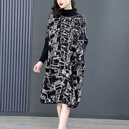 Long-sleeved Semi-turtleneck Loose Printed Knit Dress