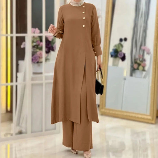 Women's 2-Piece Fashion Solid Side Slit Long Shirt Wide Leg Pants Robe